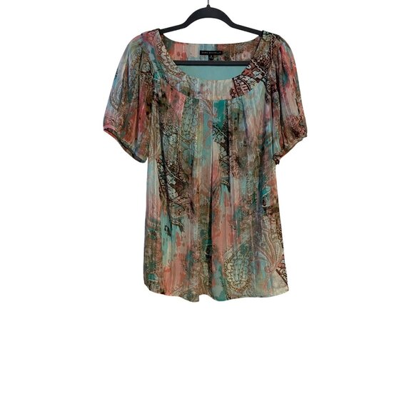 Sara Michelle Womens 1X Teal Pink Paisley Short Sleeve Top Lined Flowy Feminine - Picture 1 of 16